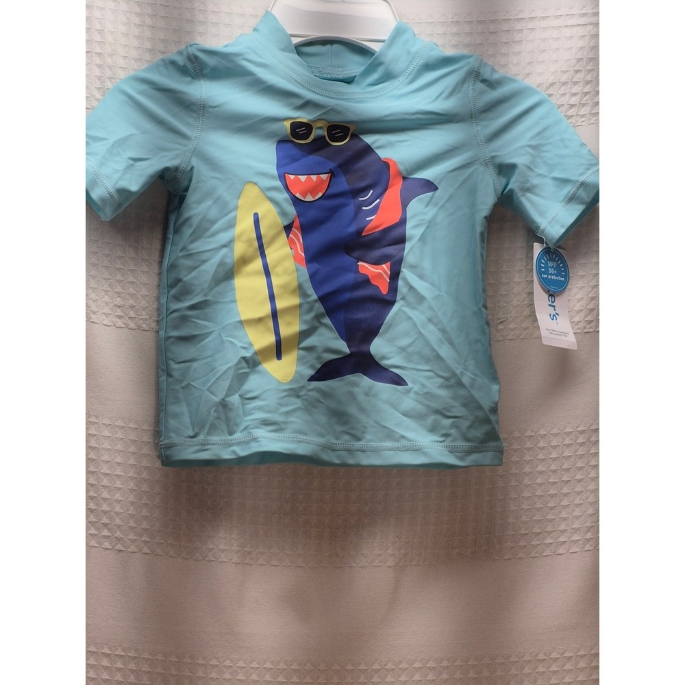 Carters Swim Shirt Boys size 2T Blue Shark Short Sleeve UPF 50+ Swim Top 8024
